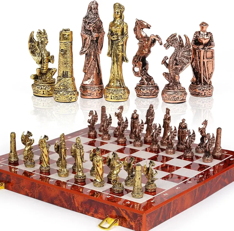 Vintage Figurine Metal Chess Set for Adults and Kids - 15'' Wooden Board with Metal Pieces - Travel Chess Set - Collectible Elegant Game - Family Vintage Board Game