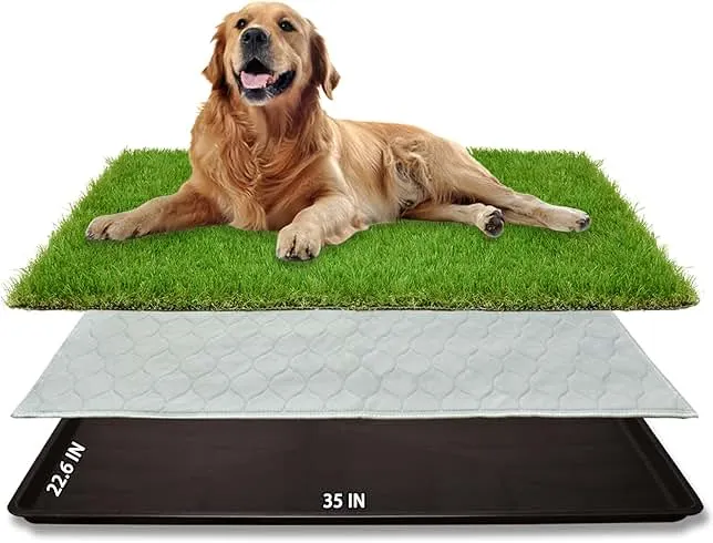 Dog Grass Large Potty Patch, Dog Litter Boxes Artificial Grass Bathroom Turf for Pet Training, Washable Puppy Pee Pad, Perfect Indoor/Outdoor Portable Potty Pet Loo (Tray system-35"X22.6")