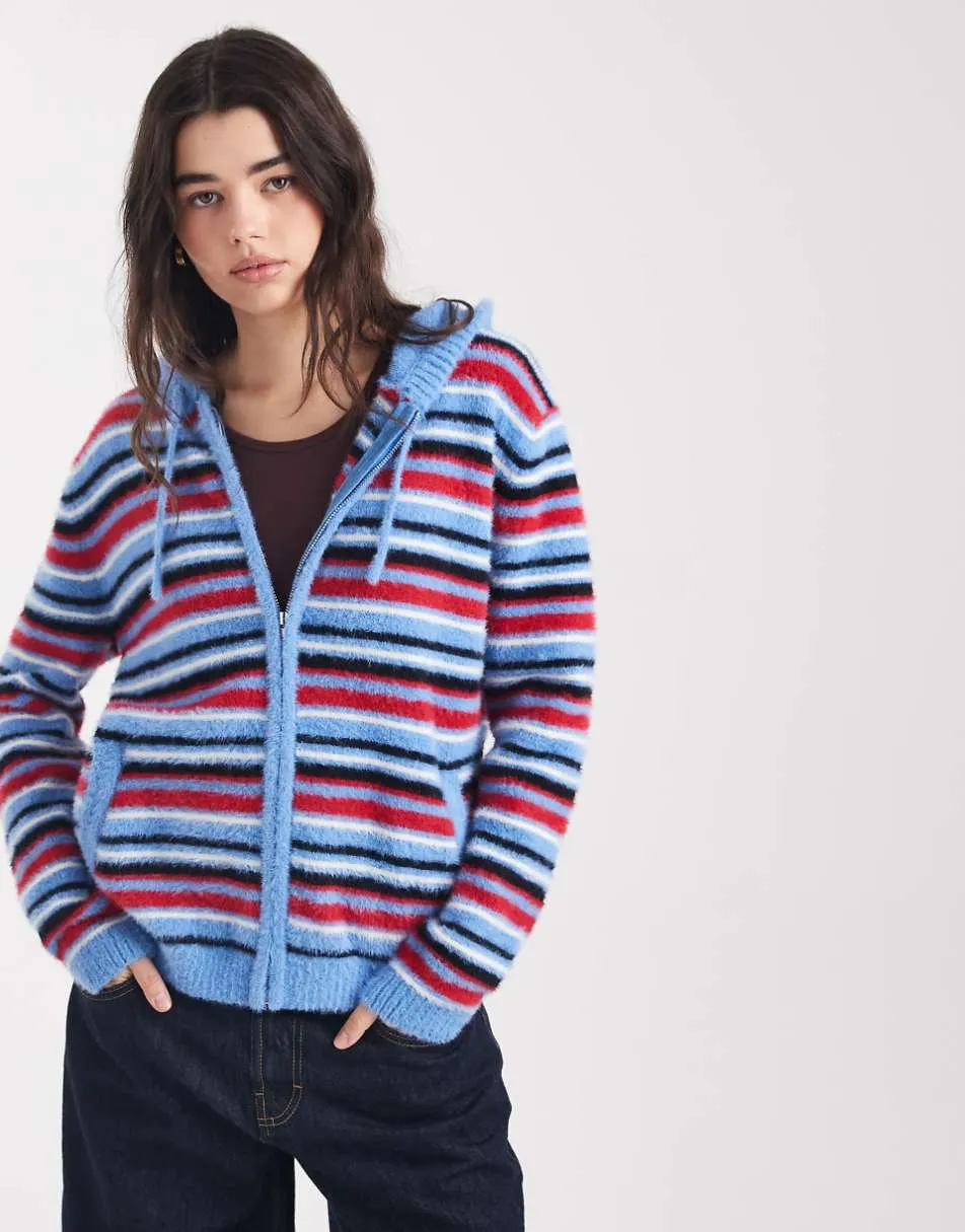 Daisy Street zip through fluffy knit with hood in blue and red stripe