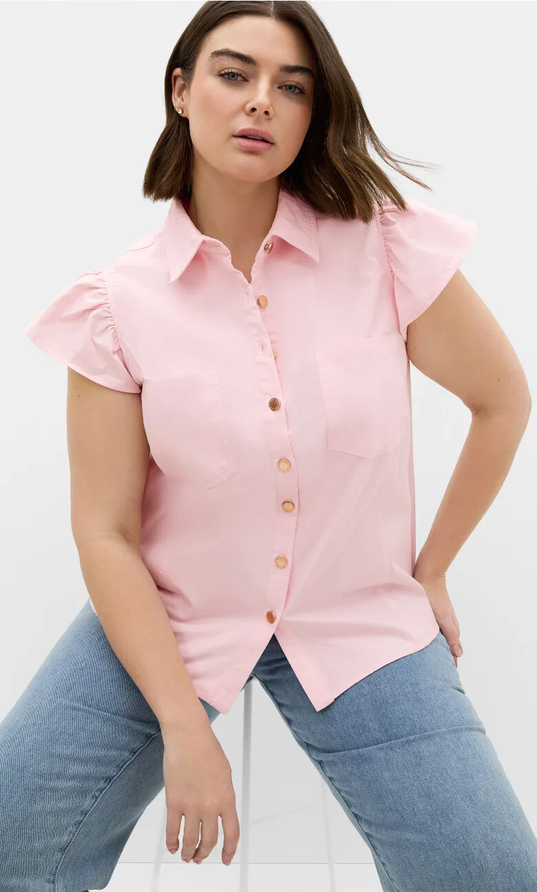 Kelise Flutter Sleeve Cotton Shirt - heavenly pink
