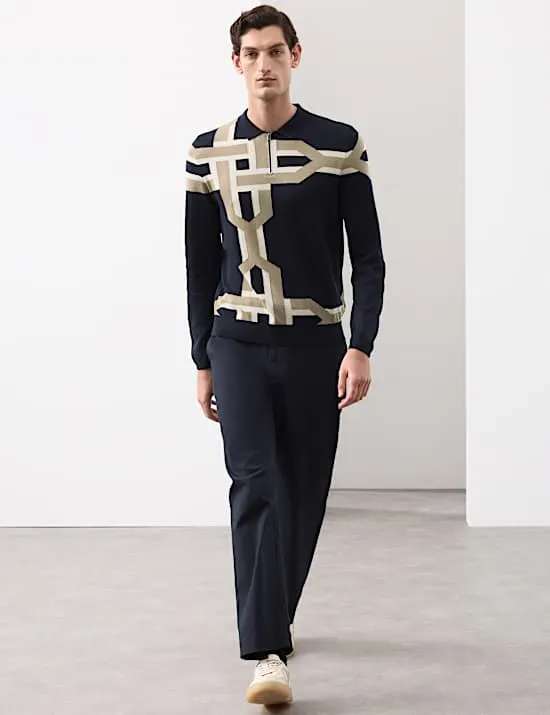 Mercerised Cotton Geometric Knitted Polo Shirt