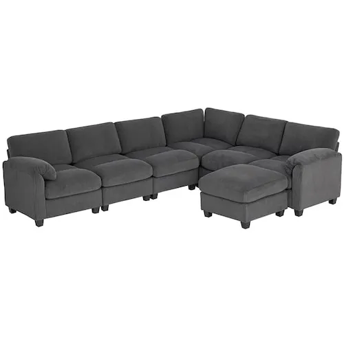 U-Shaped Sectional Sofa with Ottoman, Corduroy, Grey