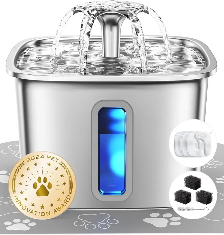 Veken Innovation Award Winner Stainless Steel Cat Water Fountain, 108oz/3.2L Automatic Pet Fountain Dog Water Dispenser with 3 Replacement Filters & Silicone Mat for Cats, Dogs, Multiple Pets (Silver)