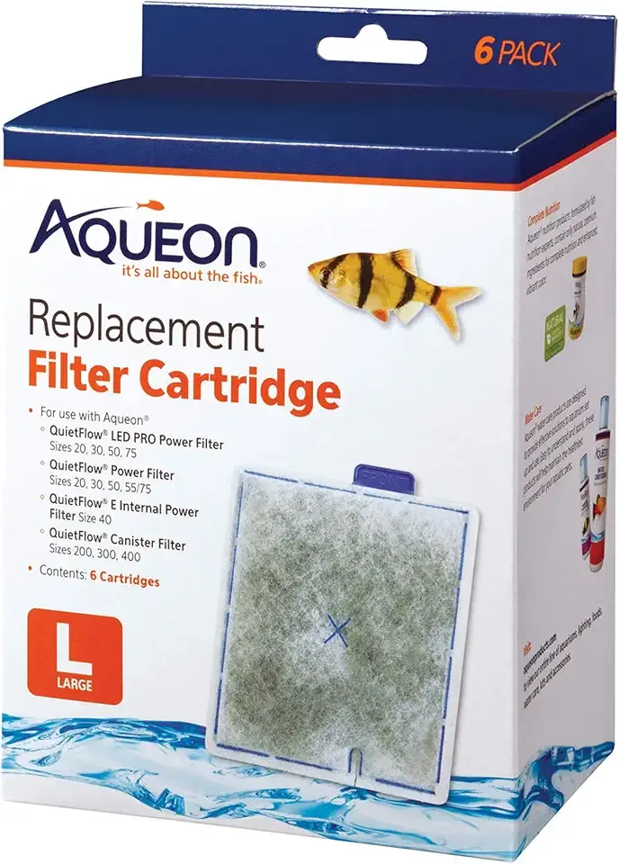 Aqueon Aquarium Fish Tank Replacement Filter Cartridges, Large - 6 Pack | Fish tank filter cartridge with activated carbon, rinse-install tab, change every 4 weeks, fits canister filter 200-400