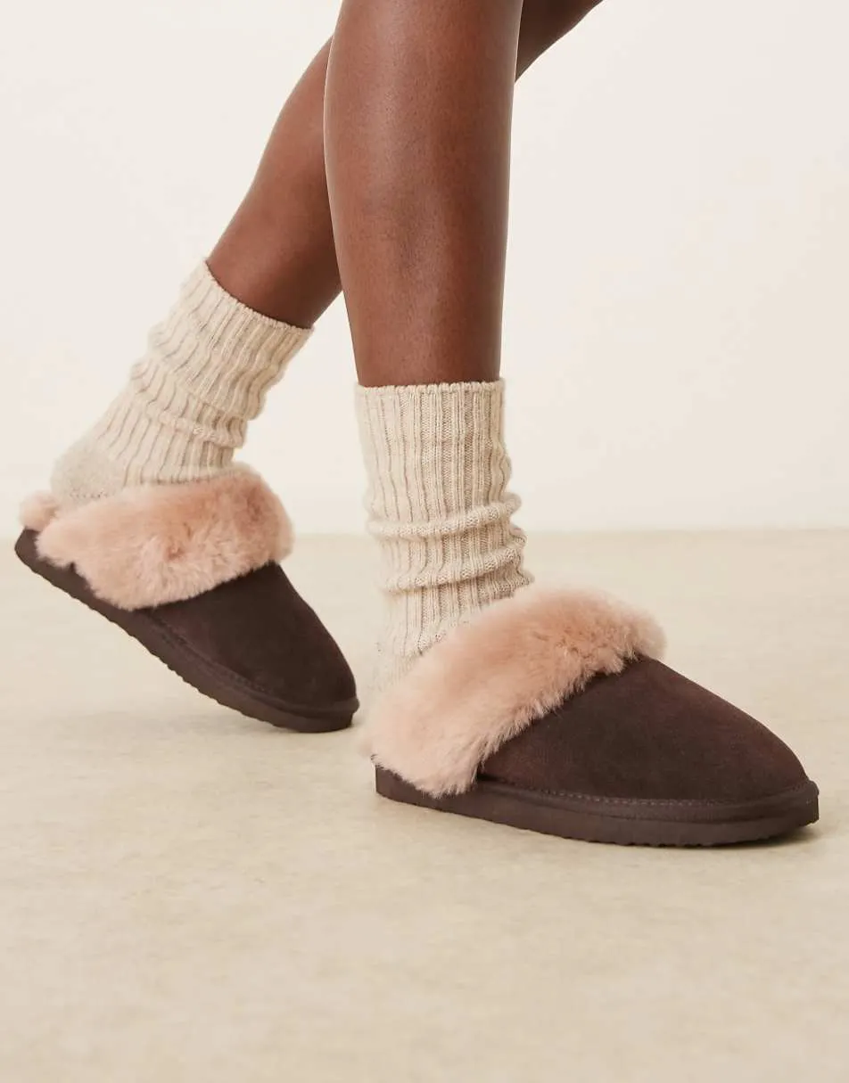 ASOS DESIGN Zamber premium sheepskin slippers in chocolate suede