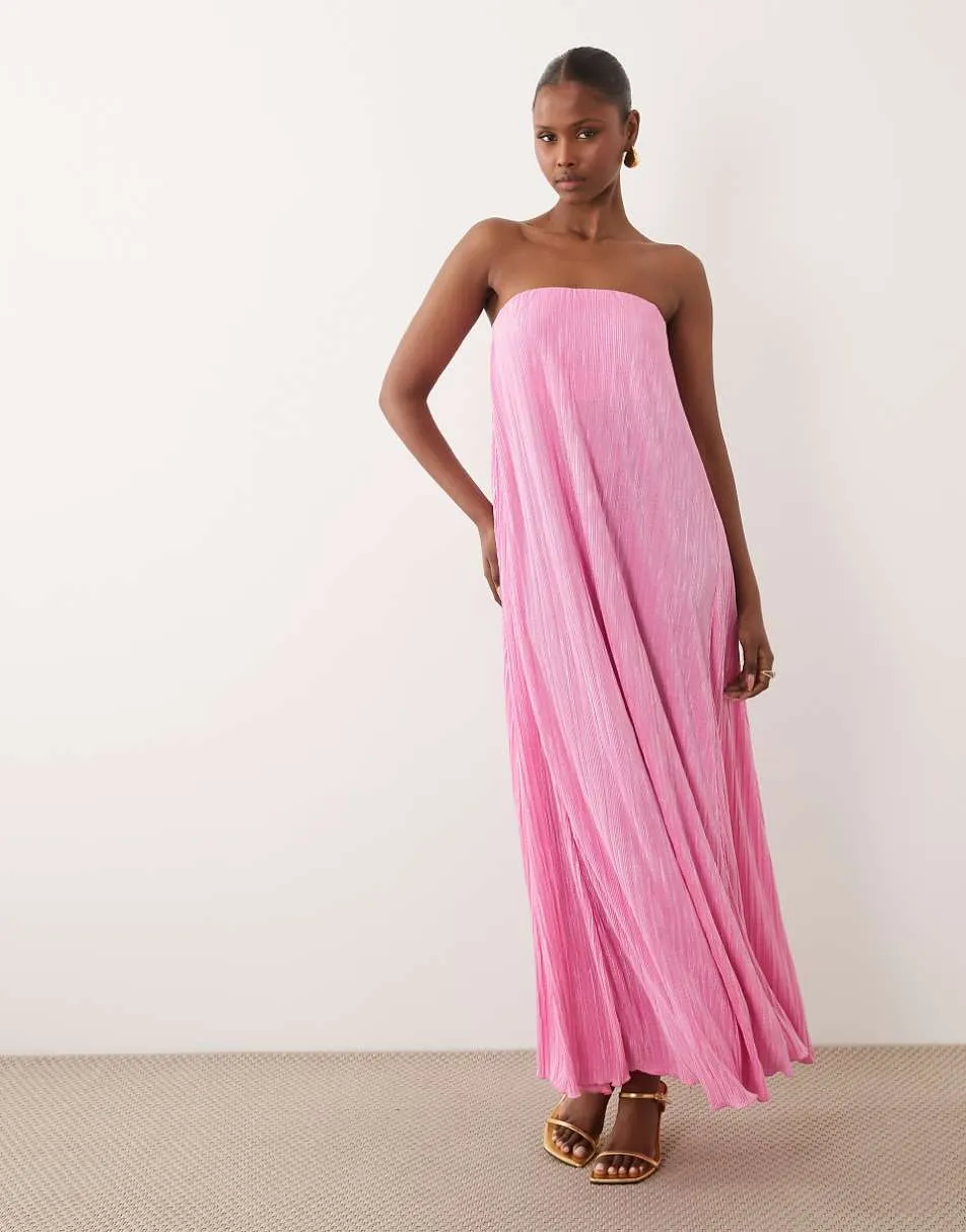 ASOS DESIGN plisse bandeau trapeze midi dress in pink