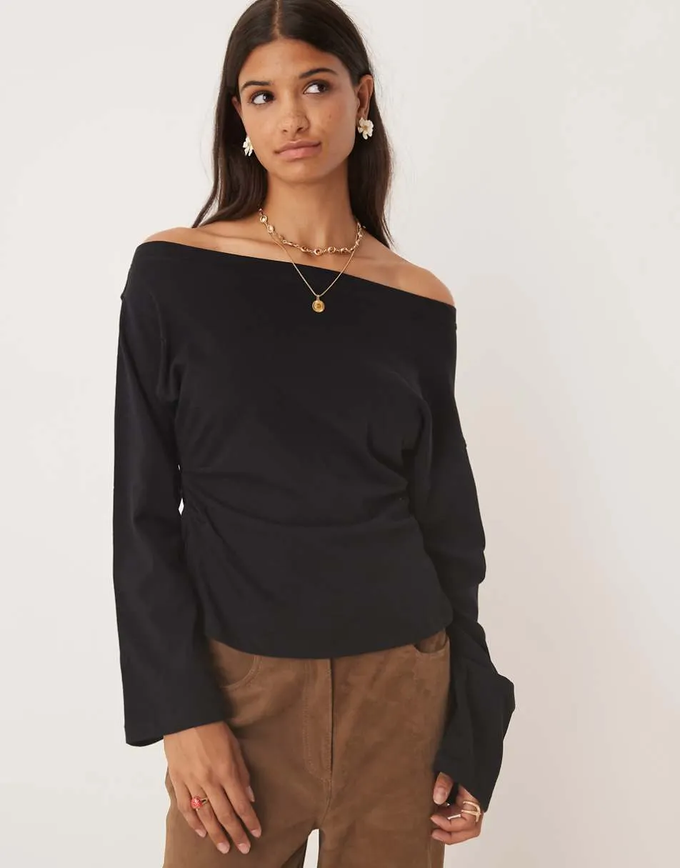 ASOS DESIGN long sleeve off shoulder corset waist tee in black