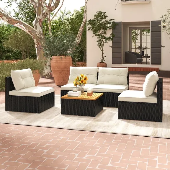 Gymax 5 PCS Rattan Sofa Set Outdoor Wicker Furniture Set w/ Back Cushions & Square Coffee Table