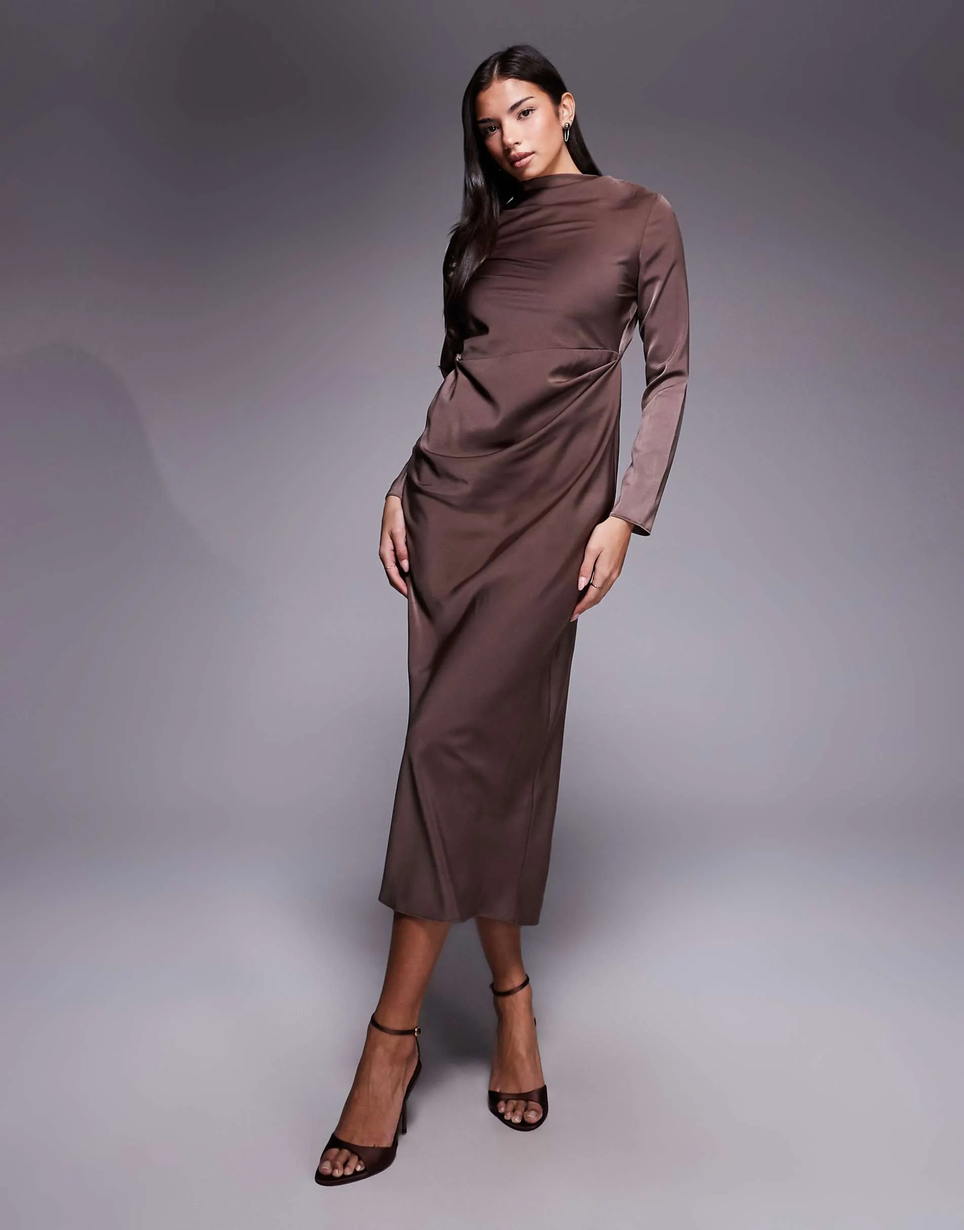 ASOS DESIGN long sleeved high neck pleated bodice midi dress in chocolate