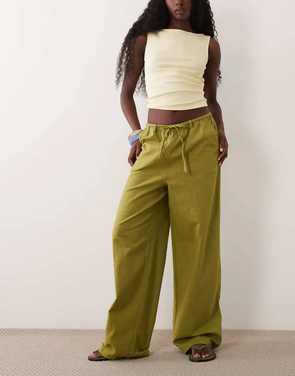 ASOS DESIGN linen look pull on trousers in olive