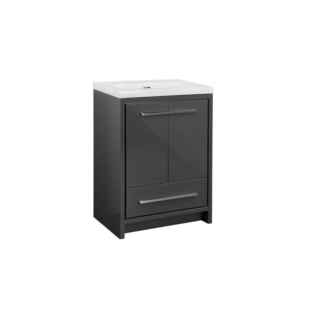 Glacier Bay Romali 24-inch W x 15-inch D Grey Wood 2-Door & 1-Drawer Bathroom Vanity with Ceramic Top Gloss White Single Sink