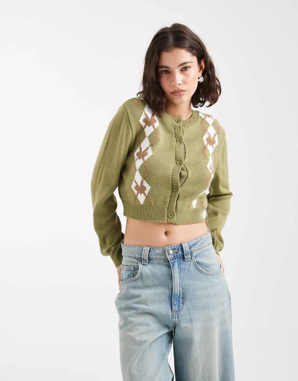 Miss Selfridge knit argyle cardigan in olive