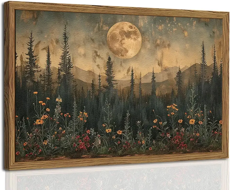 Vintage Nature Forest Wall Art Dark Moon Landscape Painting Wall Decor Woodland Picture Artwork 3D Textured Hand Drawn Sandstone for Farmhouse Bedroom Living Room 16x24 inch Wood Framed