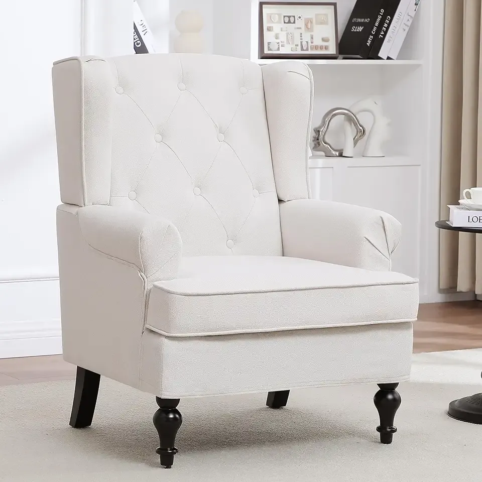 Accent Chair for Living Room, Mid Century Modern Upholstered Armchair, Wingback Chair with Tufted High Back and Solid Legs, Comfy Single Sofa Side Chairs for Bedroom, Beige