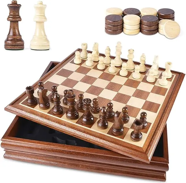 VAMSLOVE Chess and Checkers Board Game Sets for Adults Wooden Deluxe 15 inch Wood Board Box with Storage, Classic 2 in 1 Large Size w…