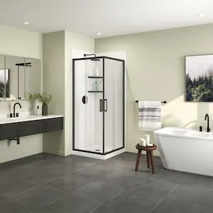 MAAX Scarlet 32L x 32W x 75H in. 2-in-1 Corner Shower Kit - Shower Enclosure with Corner Drain Shower Base and Glass Shower Door in Black (No Wall)