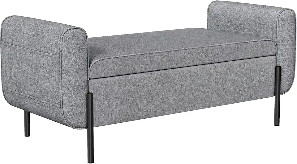 Storage Bench with Armrests, Ottoman for Living Room, Bedroom, Entryway, Steel Legs, Light Gray ULOM072G02