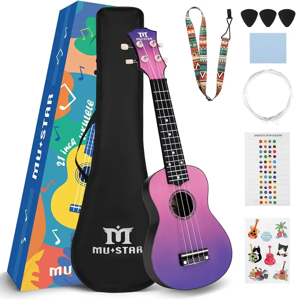 MUSTAR Soprano Ukulele, 21 Inch Basswood Ukulele for Beginners, Ukuleles Kit With Gig Bag, Strap, Picks, Cloth, Sticker,Ukulele Gift for Adults Teenagers