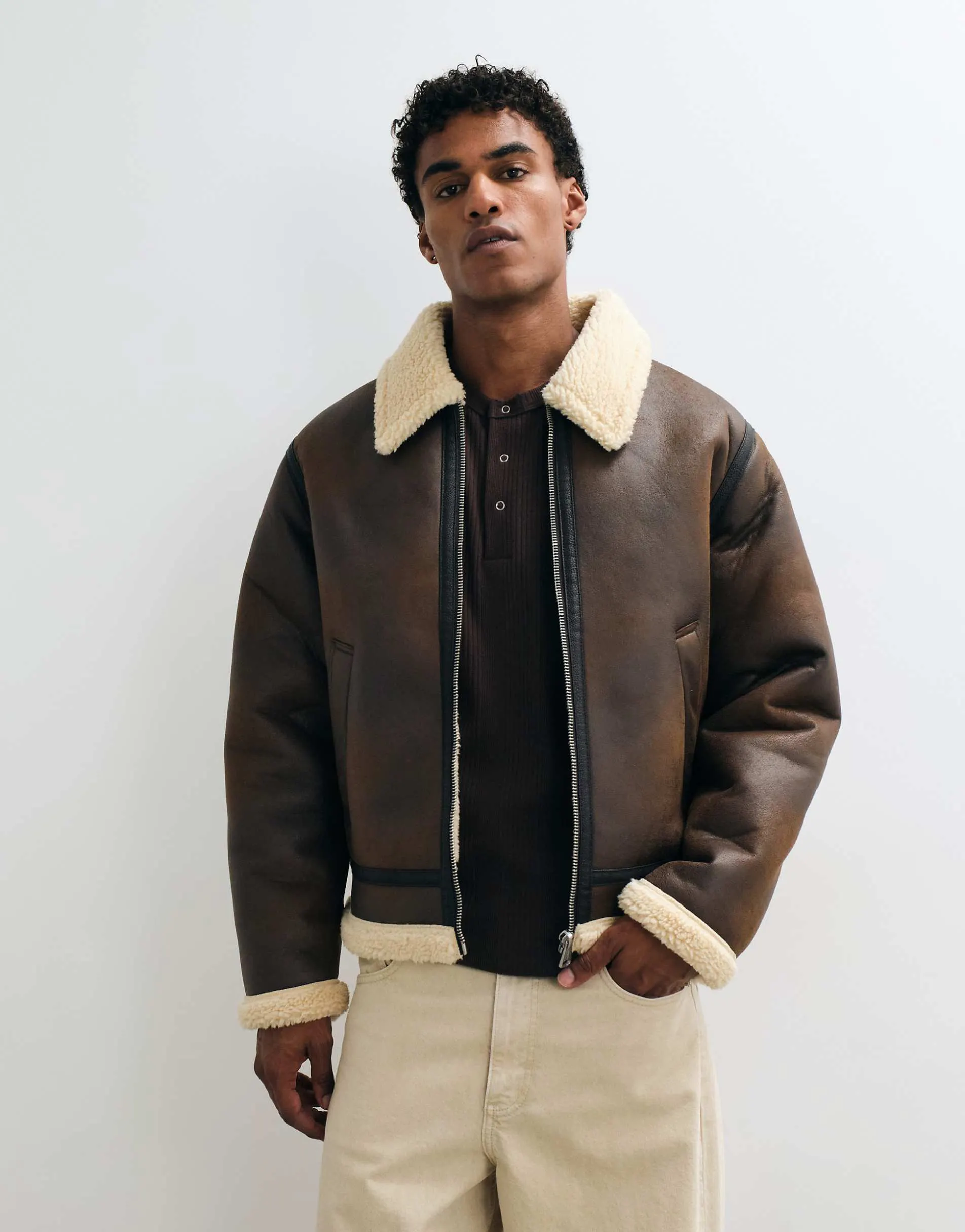 Jack & Jones faux leather aviator jacket in brown