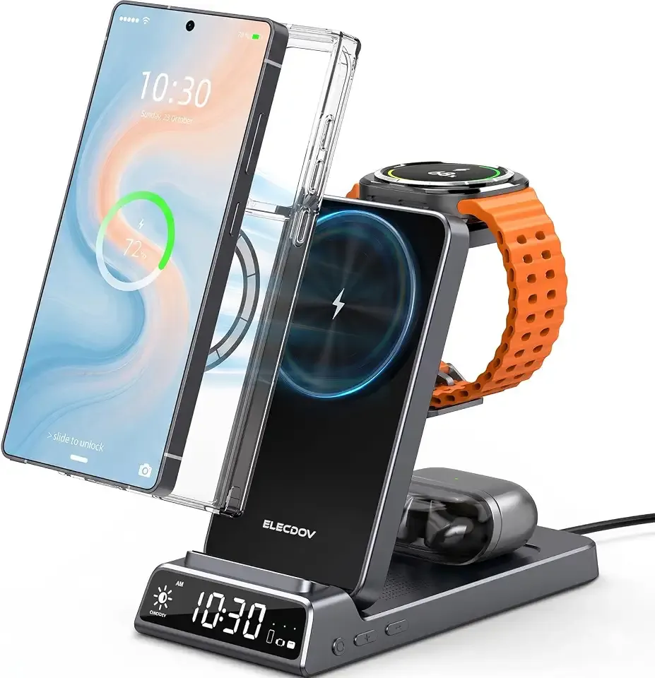 Magnetic Wireless Charger for Samsung, Charging Station for Galaxy S26 | 3-in-1 Foldable Travel Charger for Samsung Phones & Watches, Ideal Nightstand & Desk Overnight Charger (Not For Apple Watch)