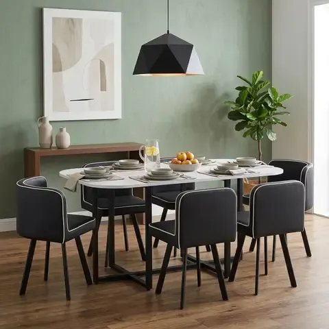 Juego de Comedor Pizza 6 Sillas Mesa Rectangular 90x75x150 cm Blanco