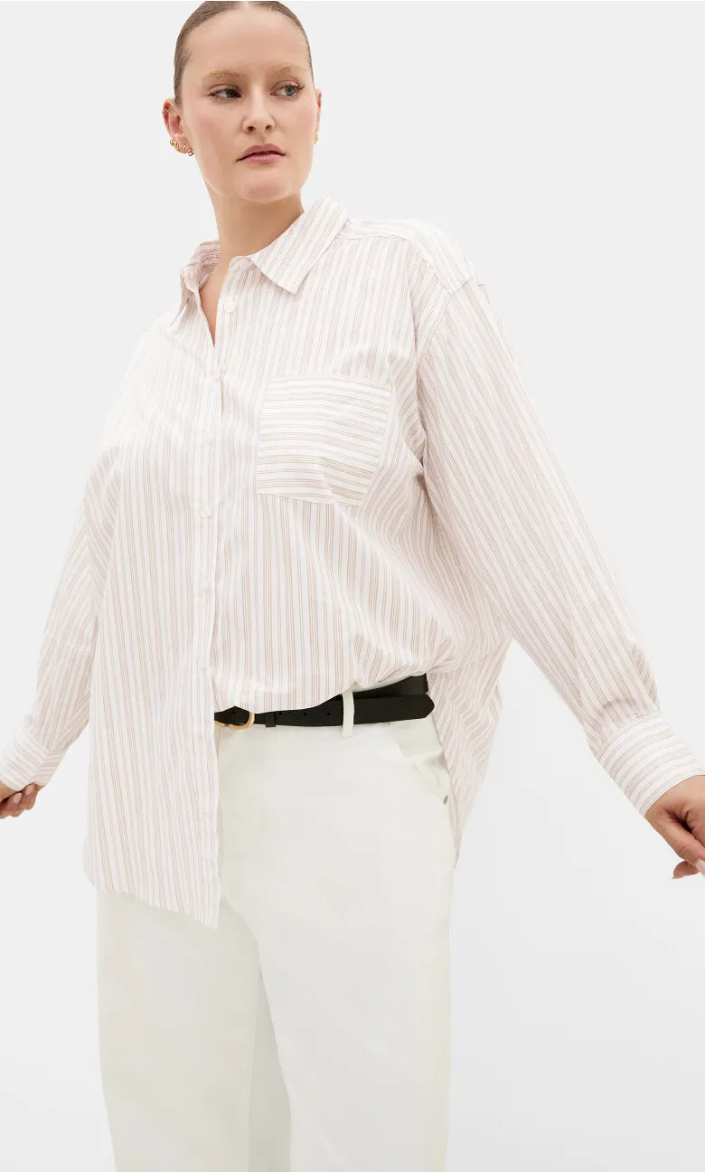 Chiara Oversized Longline Stripe Cotton Shirt - taupe