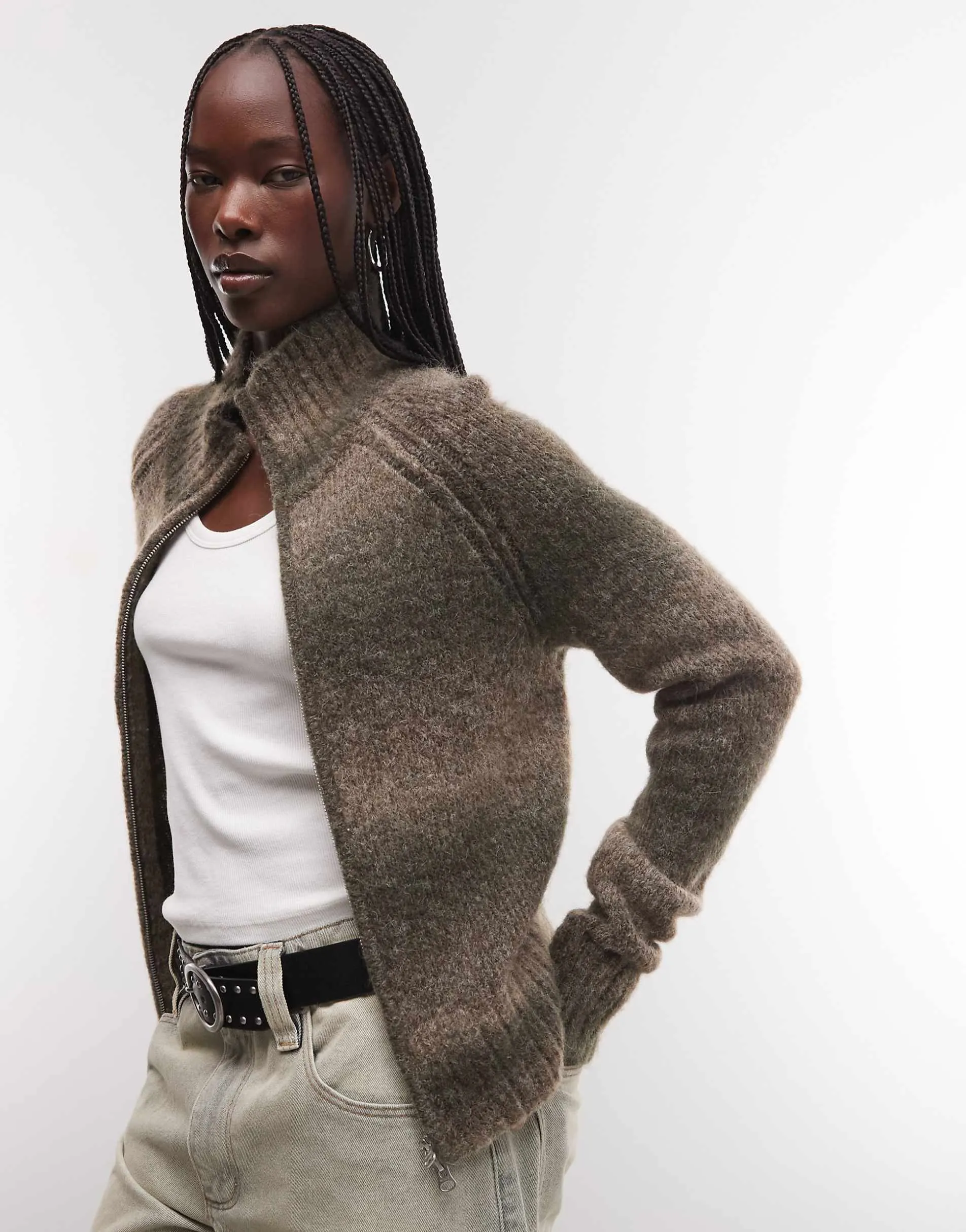 Weekday wool blend hairy knit zip through cardigan in khaki and brown space dye melange