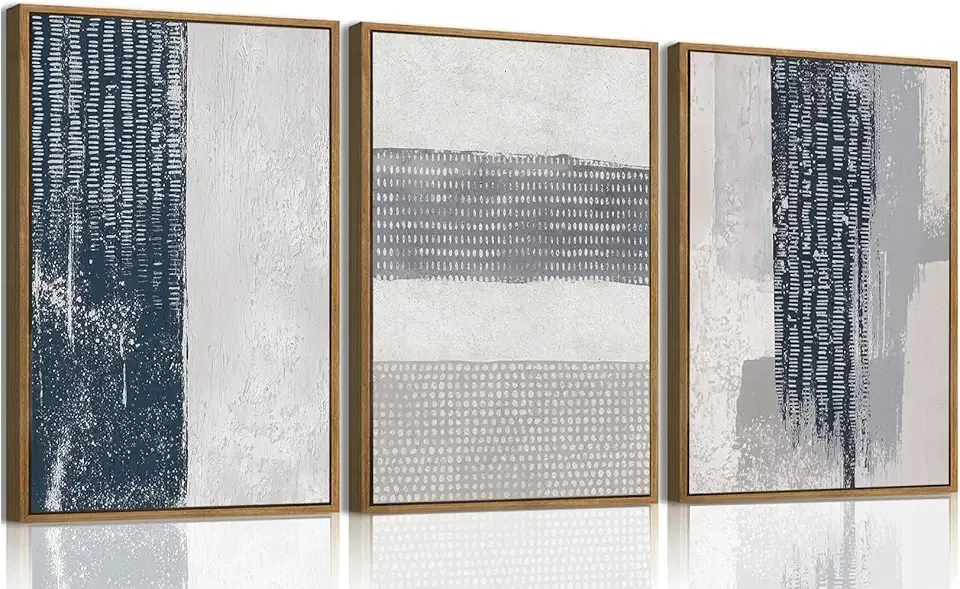 KISSFOX 3 Piece Framed Wall Art Abstract Wall Decor Navy Blue Texture Pictures Modern Minimalist Canvas Art Large Luxury Paintings Artwork for Living Room Bedroom Office