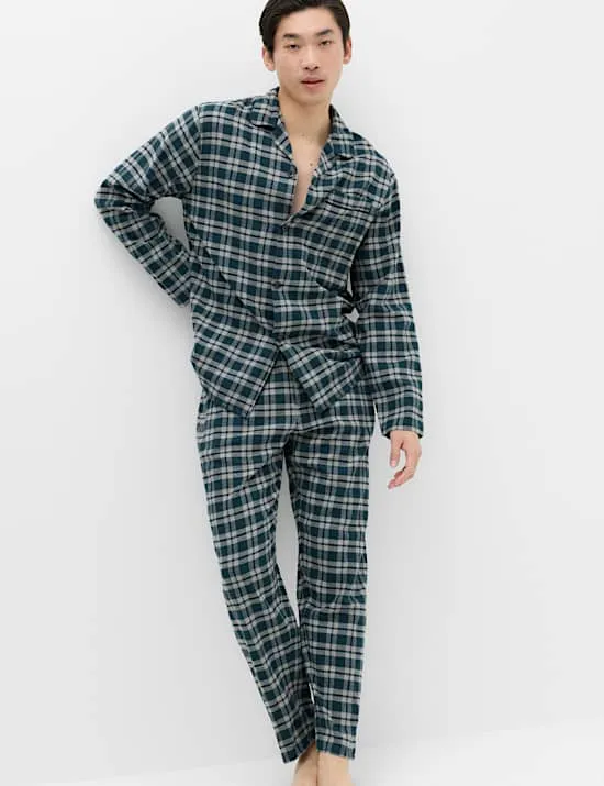 Kariertes Pyjama-Set aus reiner angerauter Baumwolle
