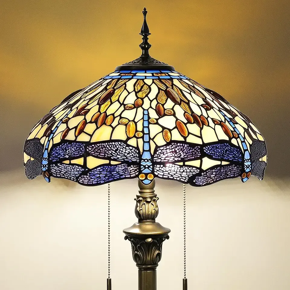 Tiffany Dragonfly Floor Lamp, Amber Cream & Blue Stained Glass