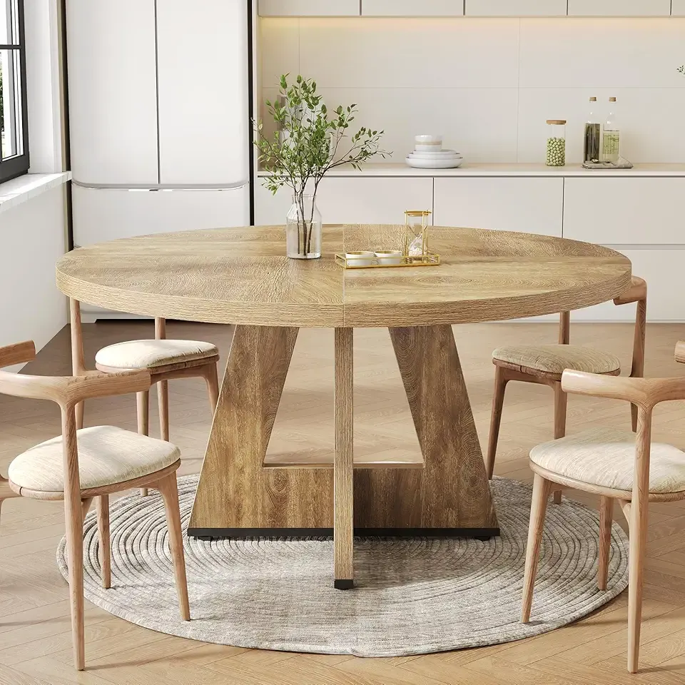 LITTLE TREE Round Dining Table for 4-6 People, 47 Inches Dining Room Table with Wooden Pedestal Base, Circle Kitchen Tables for Dining Room, Kitchen, Living Room, Oak