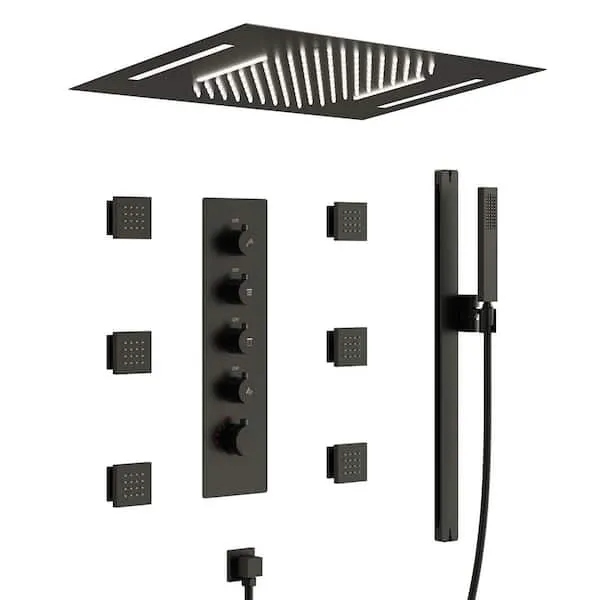 EVERSTEIN 15-​Spray 23 in.​ L x 15 in.​ W LED Flush Ceiling Mount Waterfall Fixed and Handheld Shower Head in Matte Black