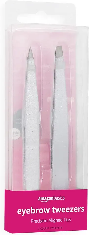 Amazon Basics Precision Eyebrow Tweezers for Fine Hair Removal, Stainless Steel, 2 Pack