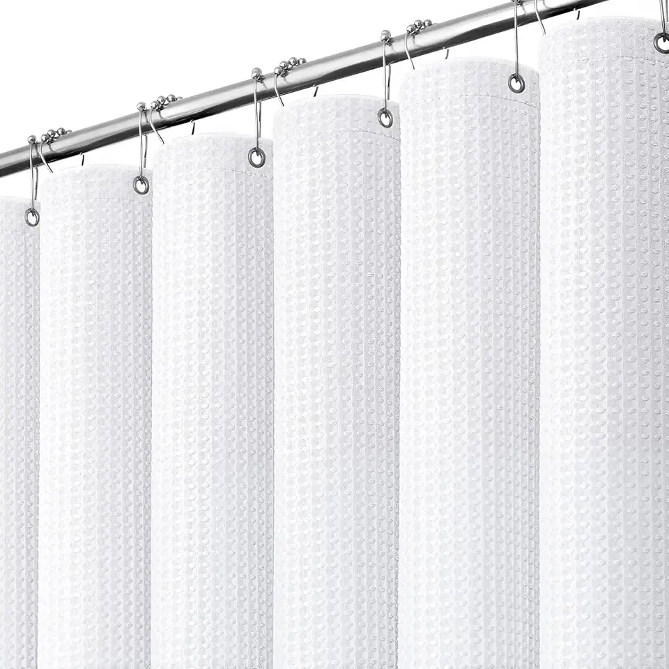 Dynamene White Fabric Shower Curtain, Waffle Weave Heavy Duty Thick Fabric Shower Curtains for Bathroom, 256GSM Weighted Hotel Luxury Cloth Shower Curtain Set with 12 Plastic Hooks, 72Wx72H, White