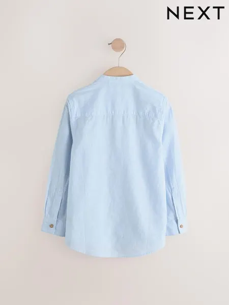 Pale Blue Grandad Collar Linen Mix Long Sleeve Shirt (3-16yrs)
