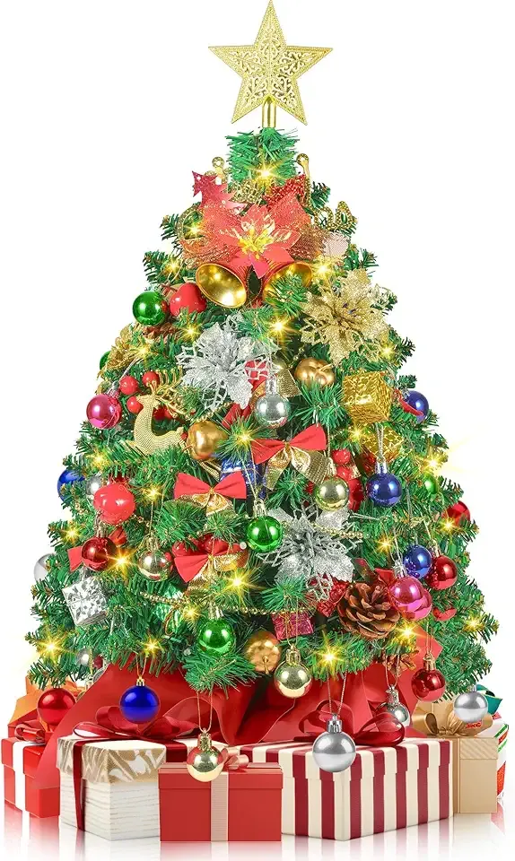 2FT Mini Christmas Tree, Small Tabletop Christmas Trees with 60 LED Lights, 24 Inches Prelit Christmas Tree with 100 Lifelike Branches and 80 DIY Ornaments, Xmas Table Decor for Home Indoor