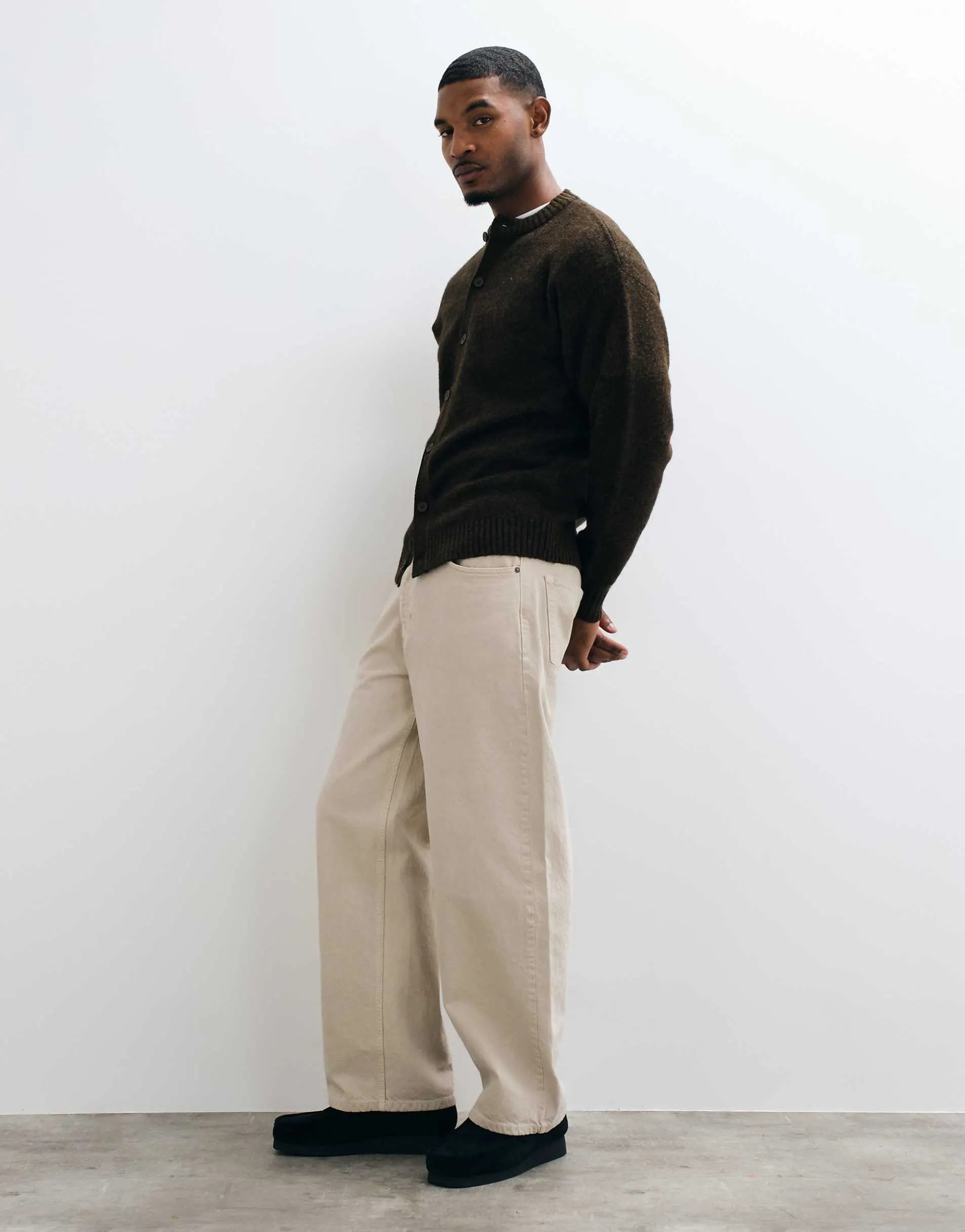 Jack & Jones fluffy knitted crew neck cardigan in brown