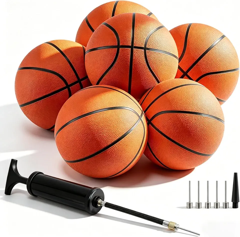 6 Pack Bulk Basketballs Official Outdoor Indoor for Men Adults, Inflatable Basketballs Teens Rubber Street Ball with Pump & Needles Set for Basketball Games Training Competition