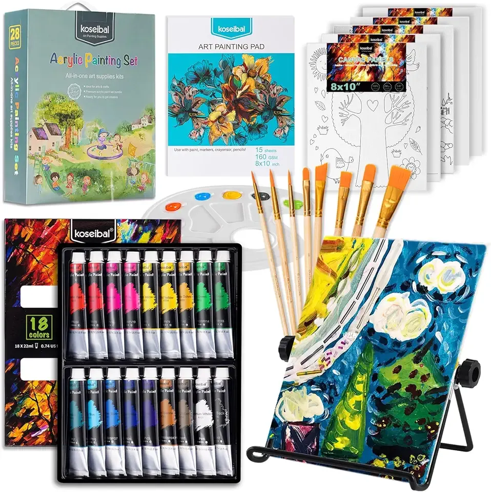 koseibal Acrylic Paint Set for Kids, Art Painting Supplies Kit with 18 Paints, 5 Canvas Panels, 8 Brushes, Table Easel, Etc, Premium Paint Set for Students, Artists and Beginner
