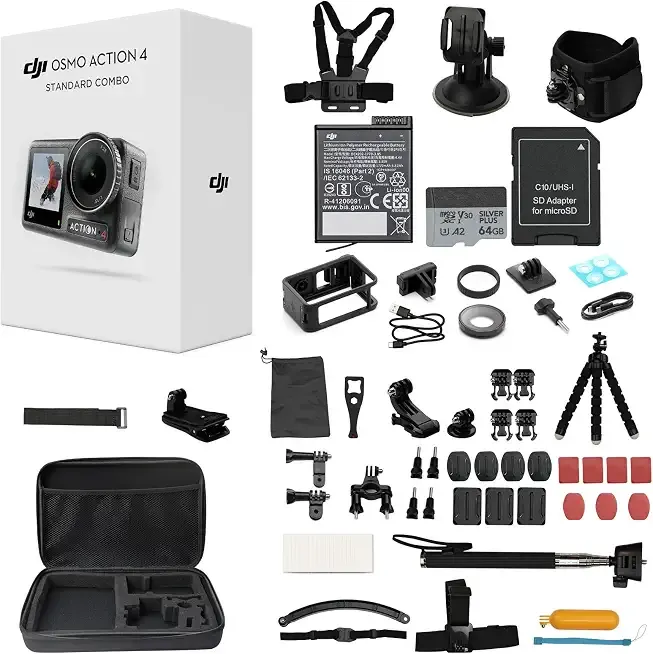 DJI Osmo Action 4 Waterproof Action Camera Bundle, 1/1.3" Sensor | 4K/120fps Video, Stunning Low-Light Imaging, Original Standard Combo + 58 Piece Accessory Kit + Extra 64GB Card