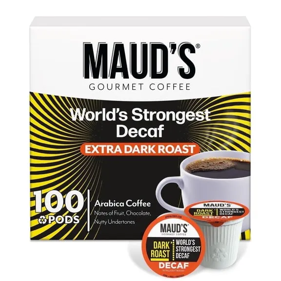 Maud's World's Strongest Decaf Coffee Pods, 100 ct, Decaffeinated Dark Roast Coffee in Single Serve Pods – 100% Arabica Beans, Compatible with Keurig K Cups Maker