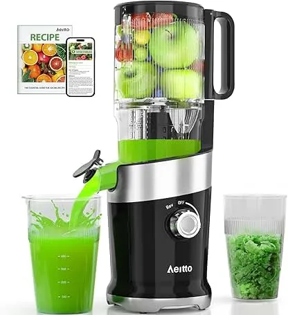 Cold Press Juicer with Whole Feed Chute, Aeitto Masticating Juicer Machines, Juice Extractor Machine Easy to Clean, High Juice Yield, For Whole Vegetables and Fruits, Easy to Assemble, Onyx Black Cold Press Juicer with Whole Feed Chute, Aeitto Masticatin…