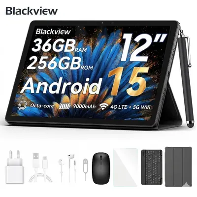 Blackview Mega2, 2025, 12 Zoll, 2K Display, FHD Tablet, 36(12+24) GB+256GB 2TB Erweiterbar, Dual 4G, 5GWiFi, 9000mAh, 2025 Android 15, Widevine L1