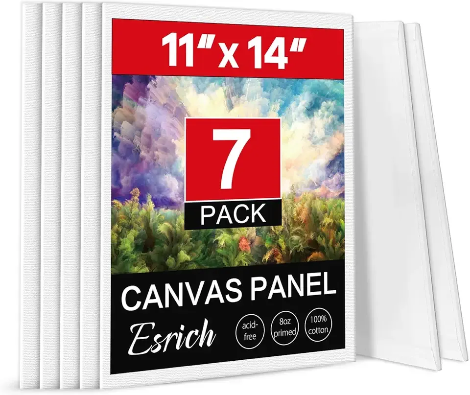 ESRICH Canvas Boards for Painting, 7 Pack Canvases for Painting 11x14 Cotton Primed Acid Free Blank Canvas Panels for Oil Paint, Watercolor, Acrylic Paint, Gouache and Tempera.