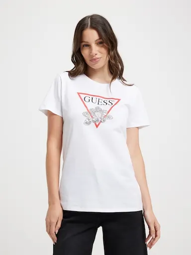 Guess Flower Bling Tee In White