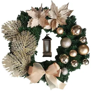 Corona de Navidad, flores artificiales color champagne de 25 cm, decoración navideña para interiores y exteriores, puerta, ventana, chimenea mural