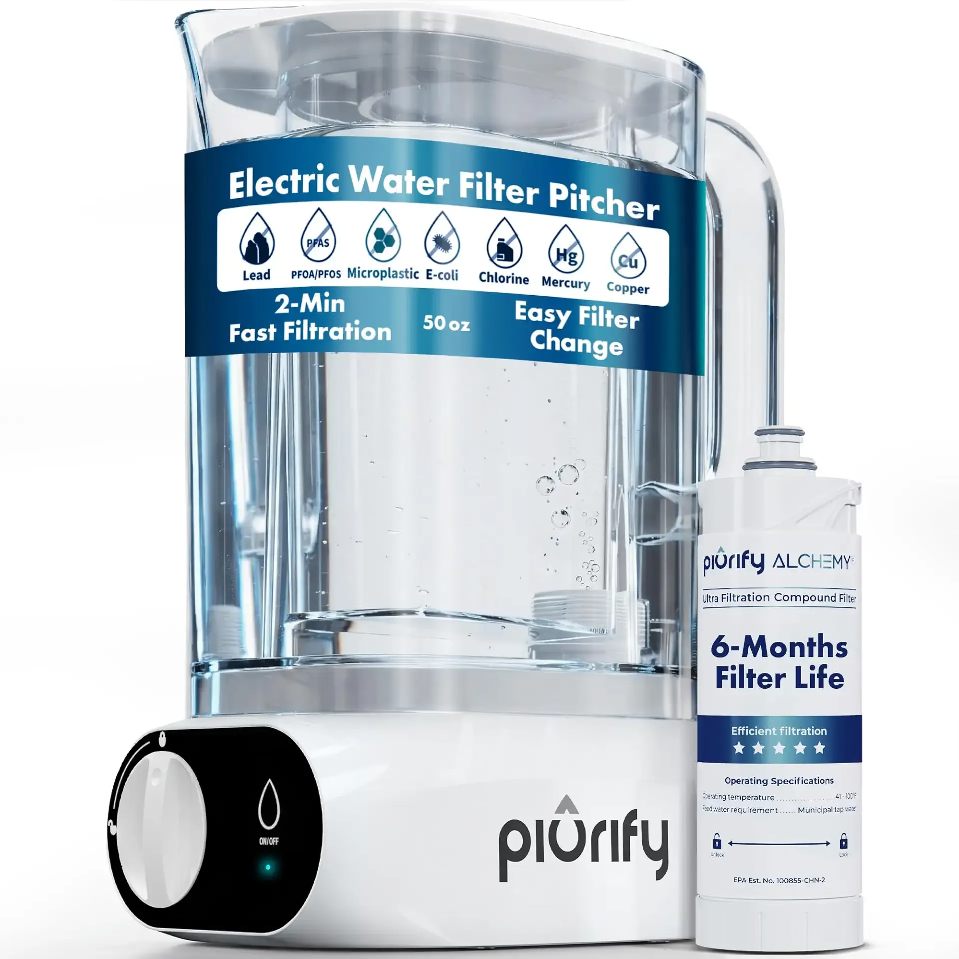 Piurify Compact 50oz Countertop Electric Water Filter Pitcher – Removes 99% of Lead, Microplastics, PFAS & Chlorine – Advanced Carbon Block & UltraFiltration Technology – 6 Months Filter Life