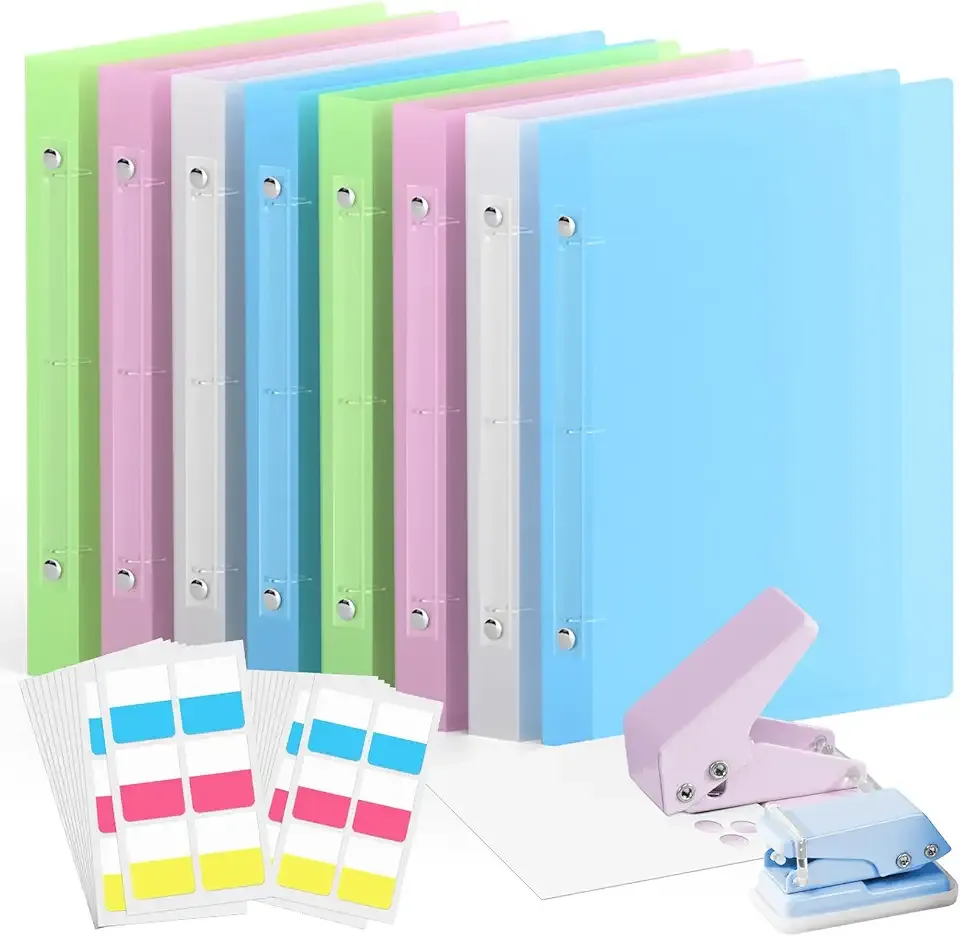 FITHOME 1 Inch Binders 3 Ring - 8 Pack, with 2 Pack Single Hole Punch and 120 Pcs Sticky Index Tabs, Pink White Green Blue One Inch Three Ring Binder for 8.5'' x 11'', Office Teacher School Supplies