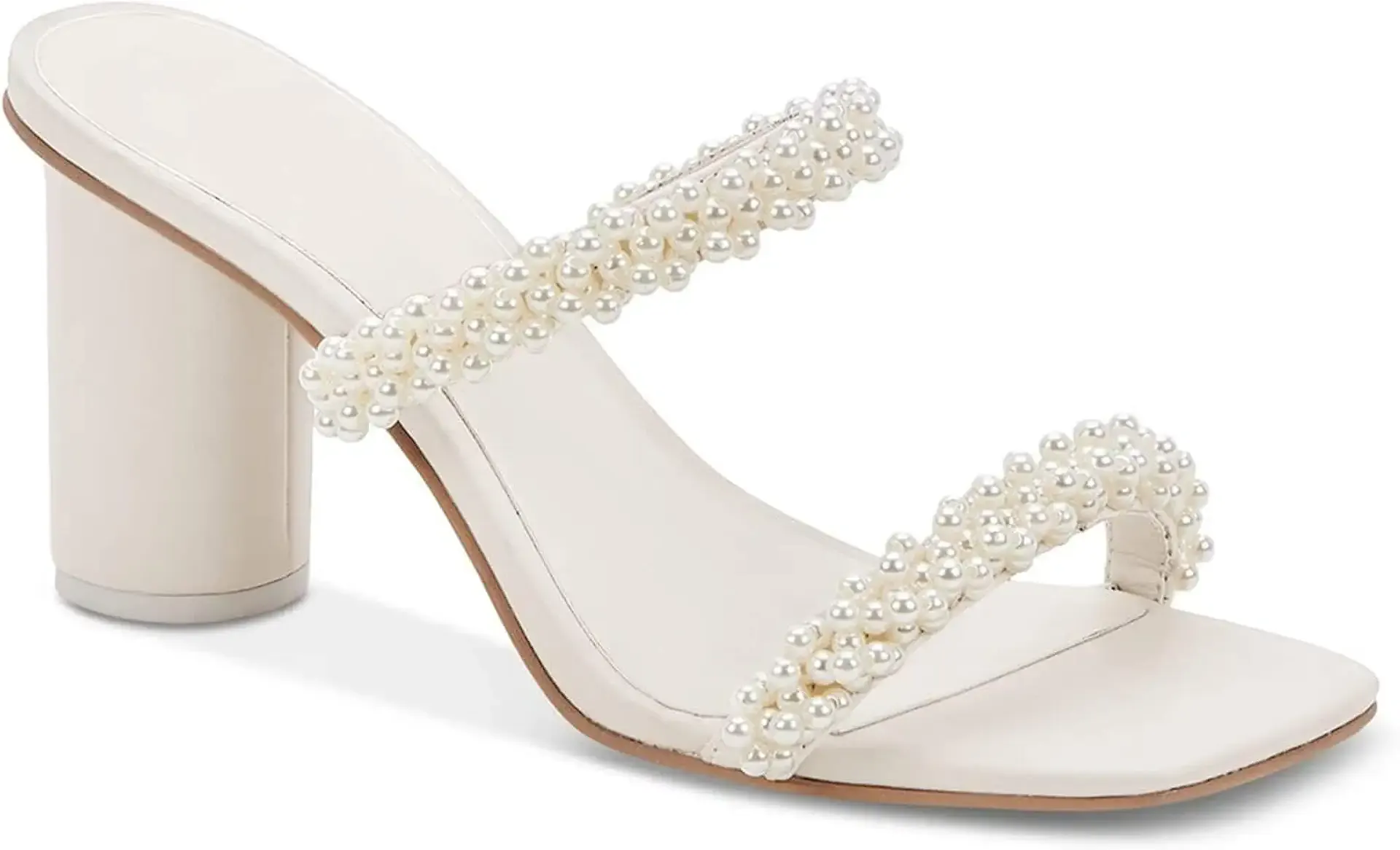 Womens Chunky Heeled Sandals Pearl Strappy Open Square Toe Slip-on Block Heels Backless Mules Shoes