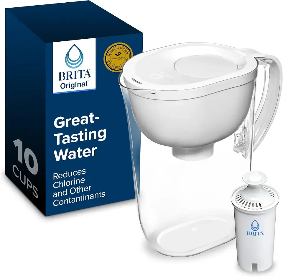 Brita Large 10-Cup Water Filter Pitcher, WQA NSF/ANSI Certified, Removes Chlorine Taste & Odor, Reduces Zinc, Copper & Mercury, 1 Standard Filter, Lasts 2 Months, Bright White